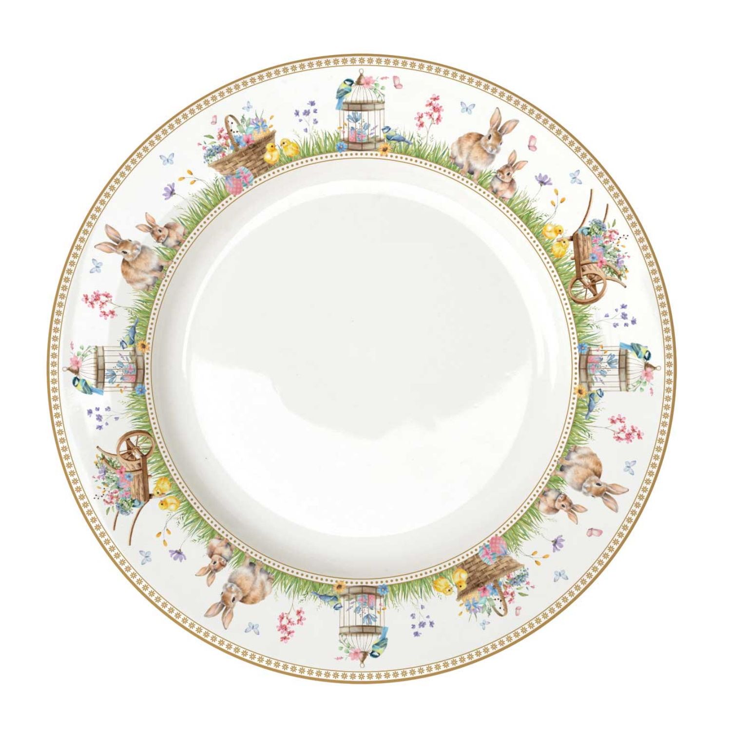 Ein runder Teller mit buntem, frühlingshaftem Motiv: Hasen, Vögel, Blumen und Körbe am Rand, mittig weiß.