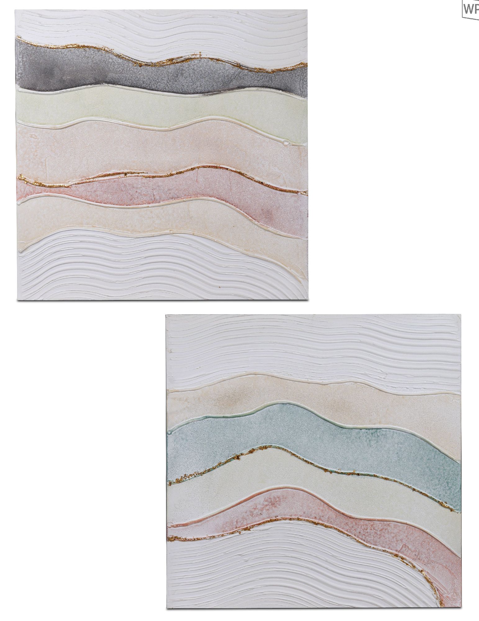2er Set Wandbilder WELLEN PASTELL auf Leinwand 50x50cm mit gold, von Formano