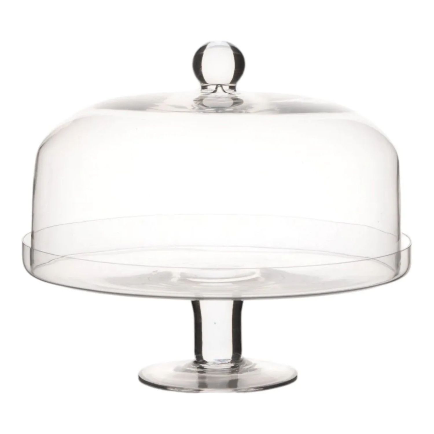 Glasglocke auf einem Teller mit Fuß, transparent und rund