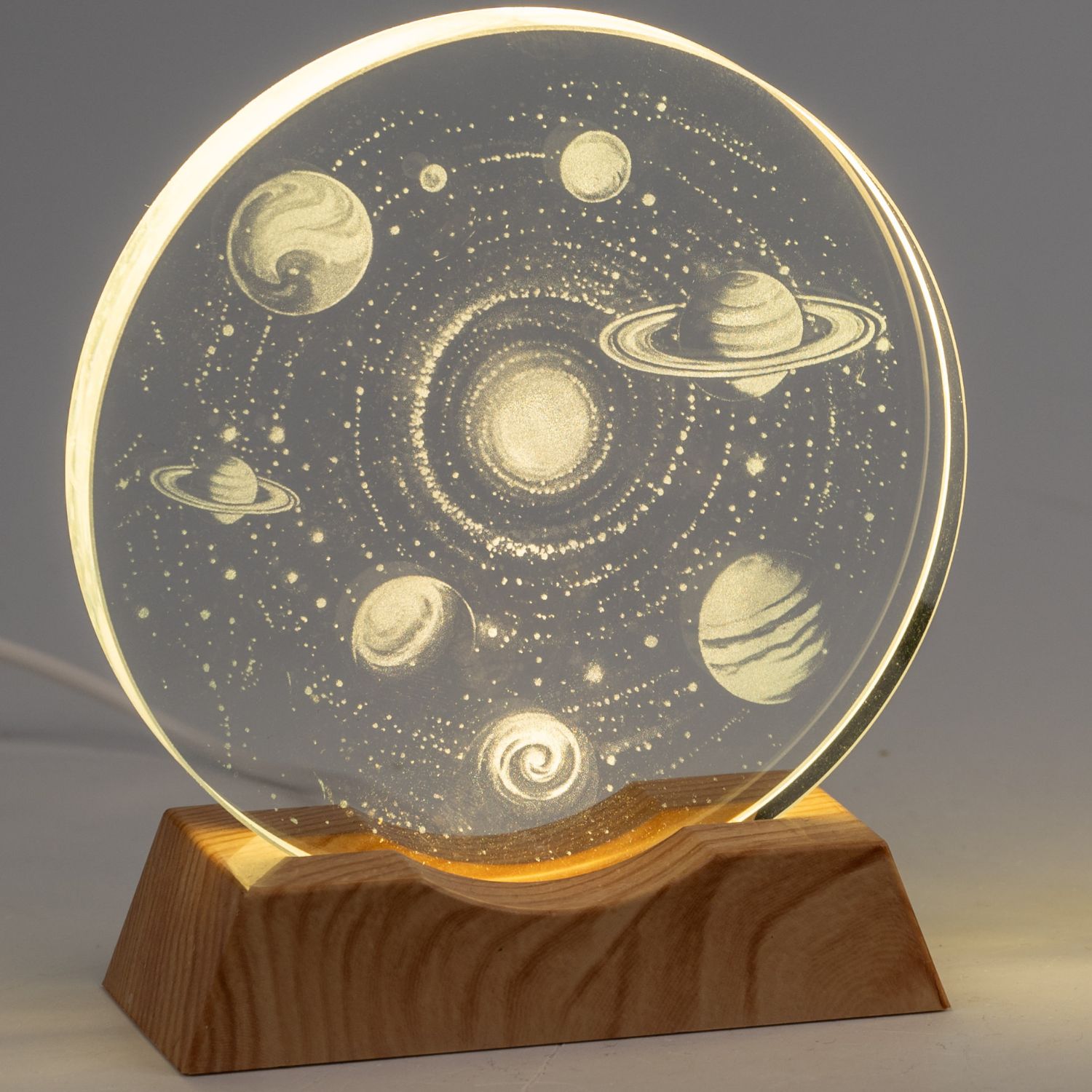 LED Deko Licht Kristalldiskus Planeten 11cm Glas + Holz Formano