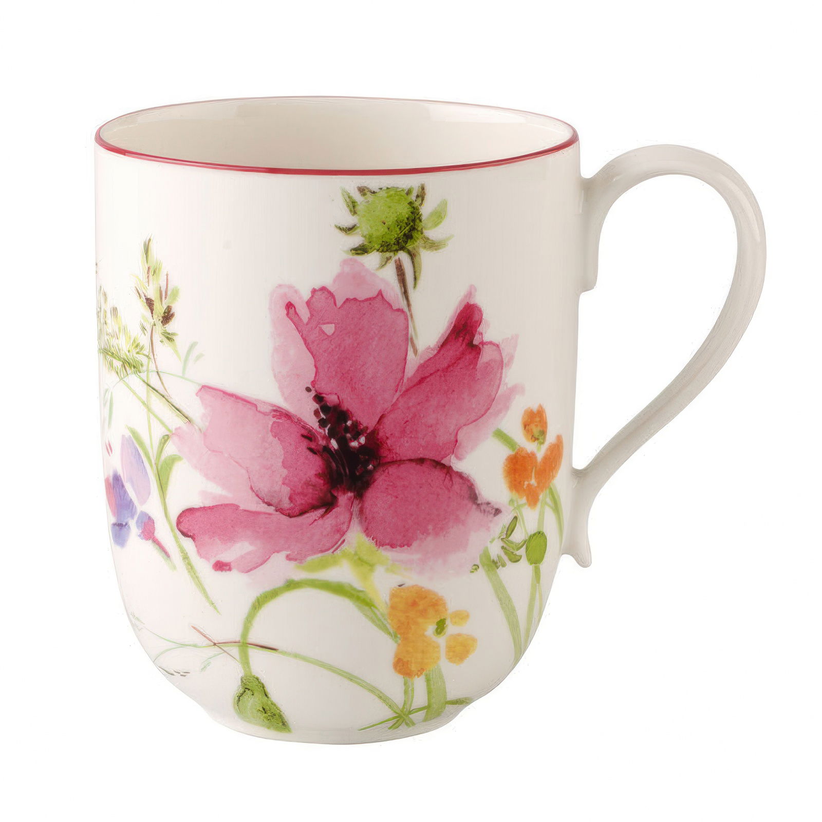 Weißer Becher mit bunten Blumenmotiven in Pink, Gelb und Blau. Der Becher hat einen geschwungenen Henkel und eine rote Randverzierung.