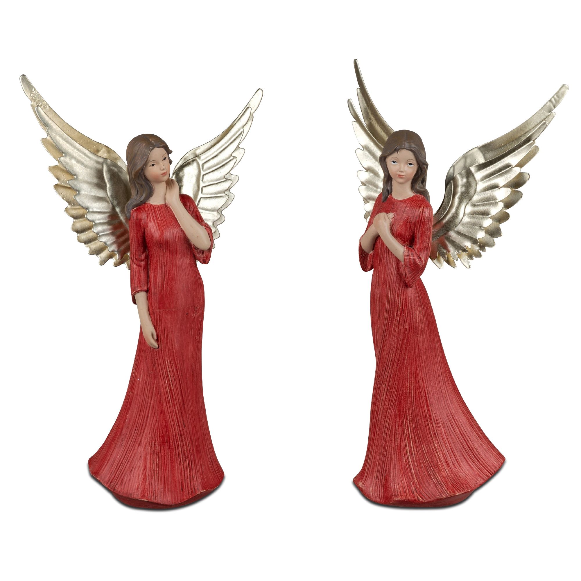 Zwei Engel-Figuren in roten Kleidern mit silbernen Flügeln, eine mit erhobener Hand, die andere mit