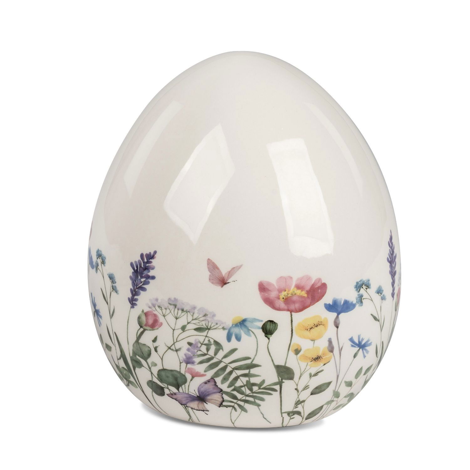 Ein dekoratives Ei mit bunten Blumen und Schmetterlingen auf der Oberfläche