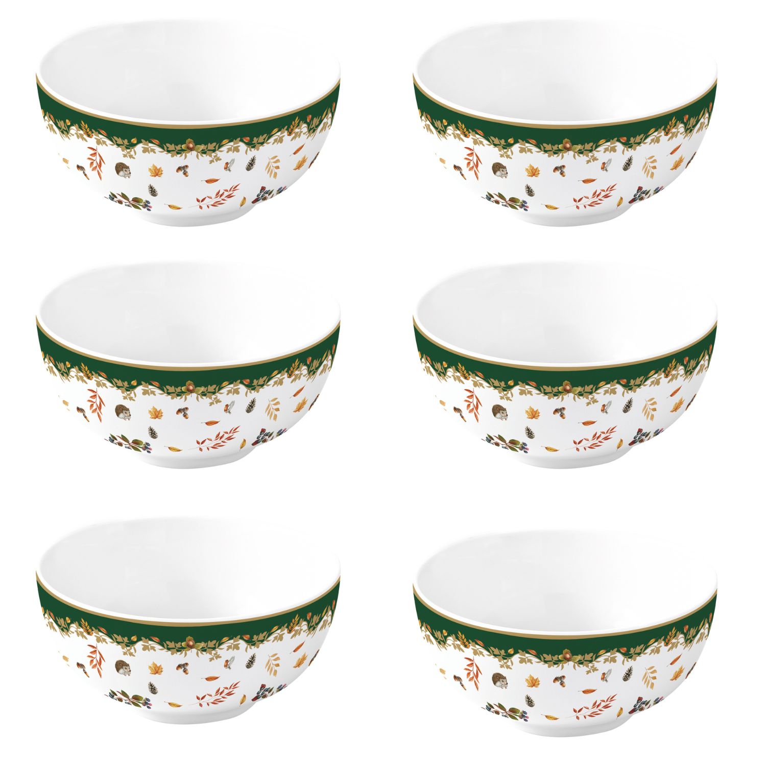 6er Set Dessertschalen Forest Dream weiß mit Herbstmotiven und grünem Rand