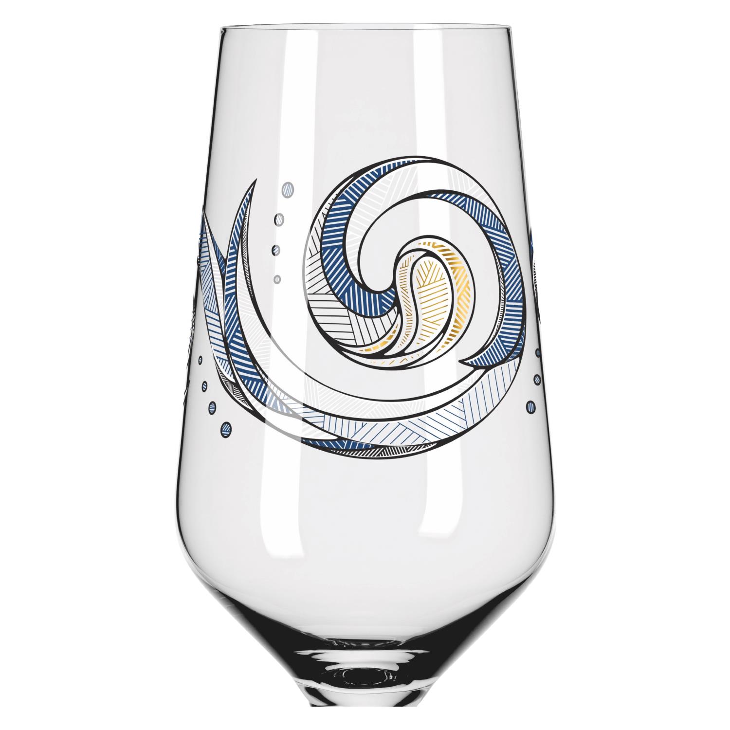 Ein transparentes Glas mit einem spiralförmigen, blauen und gelben Muster sowie kleinen, blauen Punkten.