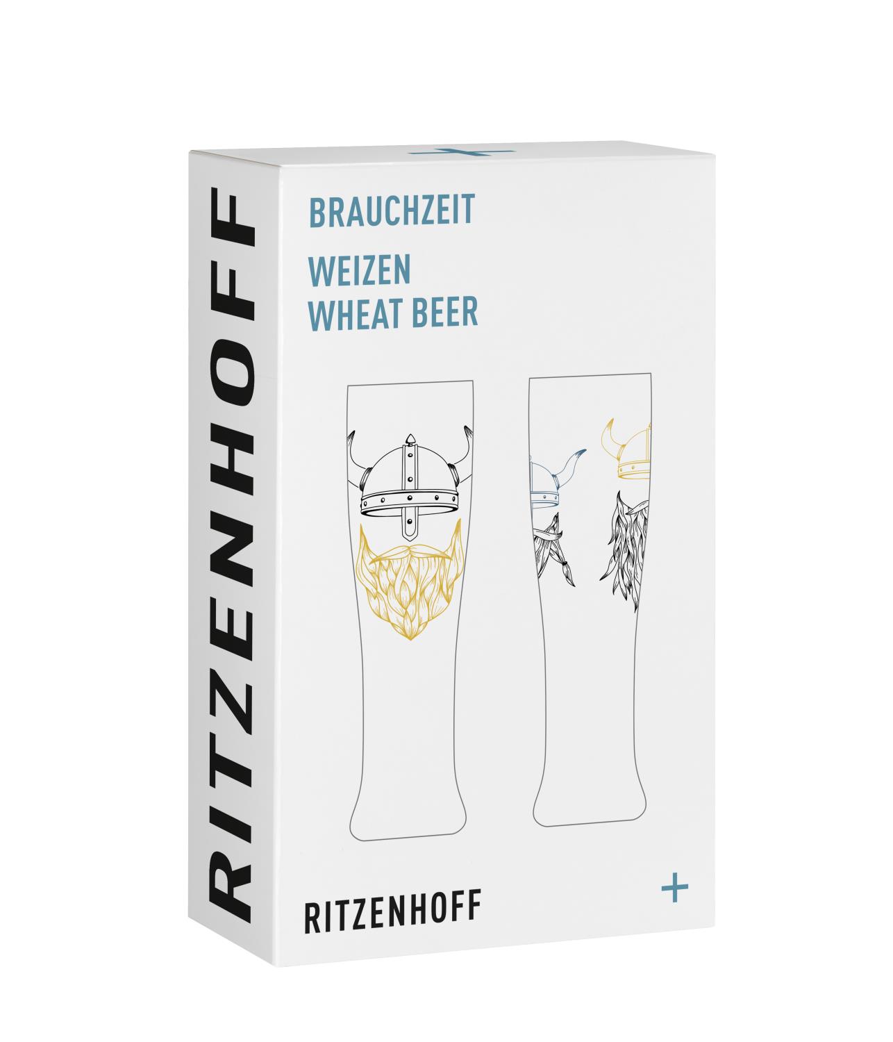 Verpackung mit zwei Gläsern für Weizenbier, jeweils mit einem Vikingermotiv in Schwarz und Gold. Auf der Verpackung steht "Brauchzeit" und "Ritzenhoff