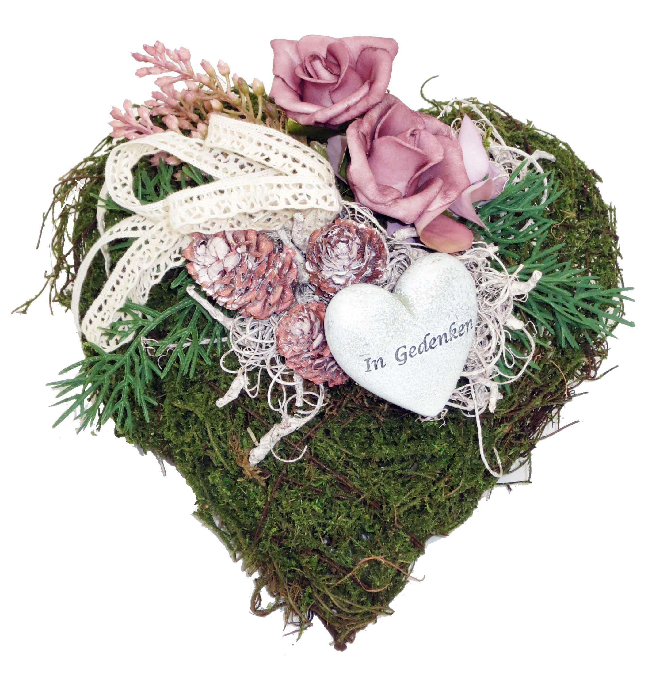 Grabschmuck MOOS HERZ mit rosa Foamrose wetterfest CreaFlor Home | DZ35957