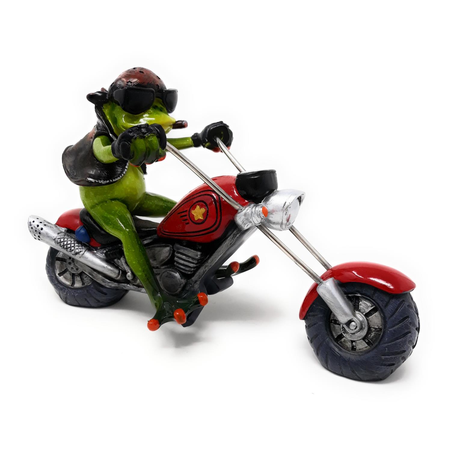 Eine grüne Figur in Sonnenbrille und Lederjacke sitzt auf einem roten Motorrad und hält die Lenker.
