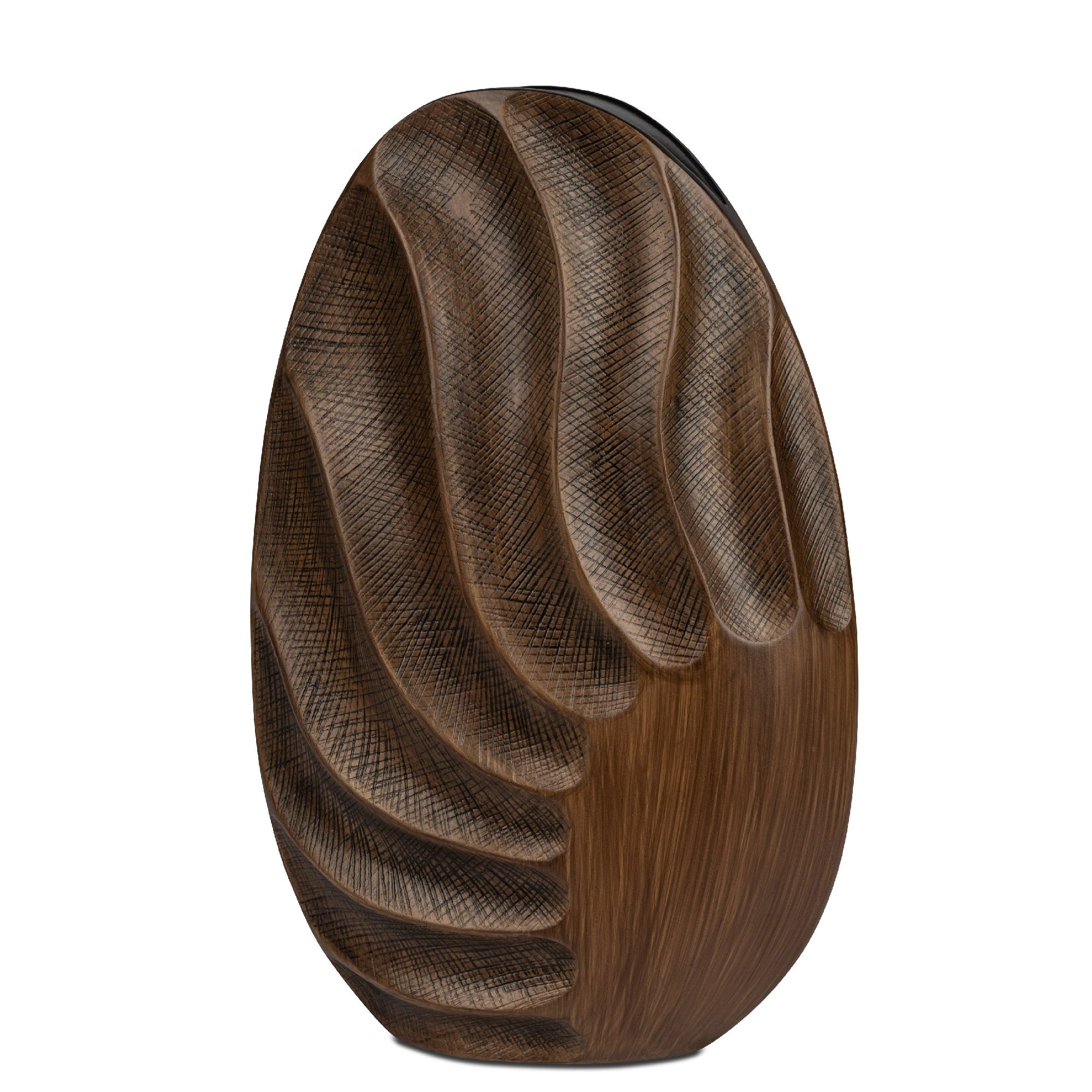 Holzskulptur in Eiform mit geschwungenen, strukturierten Oberflächen und brauner Farbgebung.