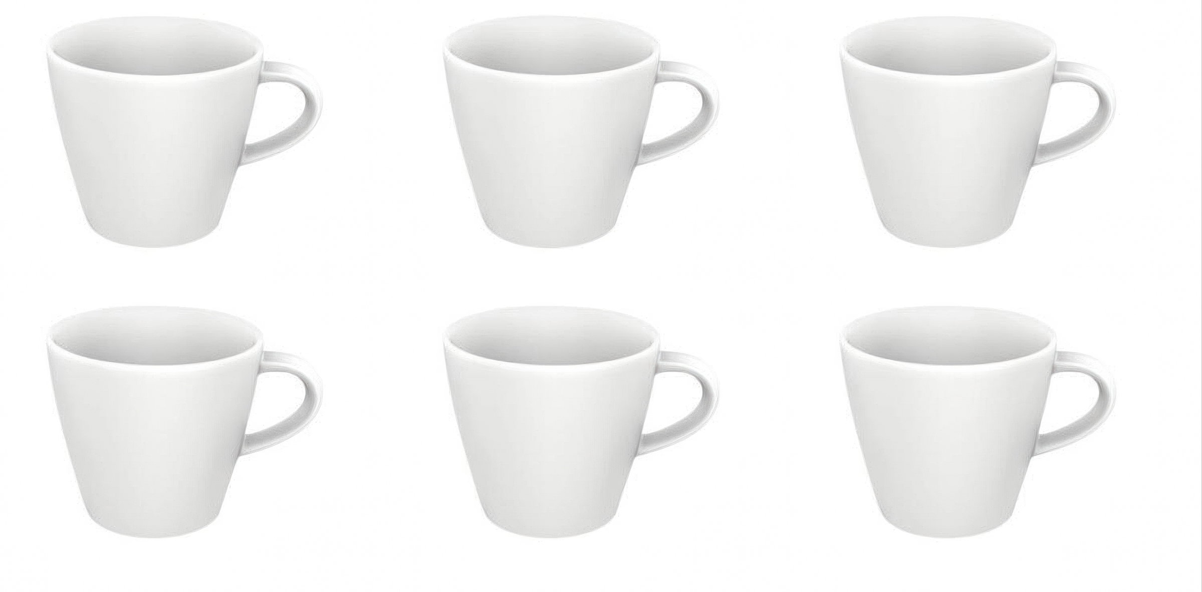 Sechs weiße Kaffeetassen in zwei Reihen angeordnet, jeweils drei Tassen pro Reihe.