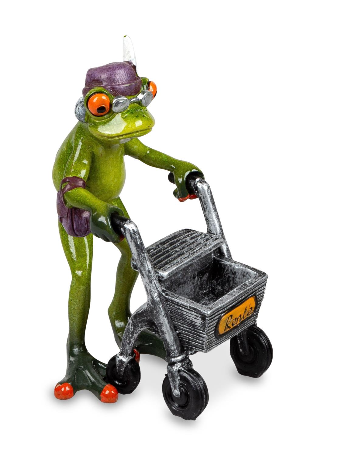 Eine grüne Froschfigur mit Brille und Mütze schiebt einen kleinen Rollator. Der Rollator hat eine gr
