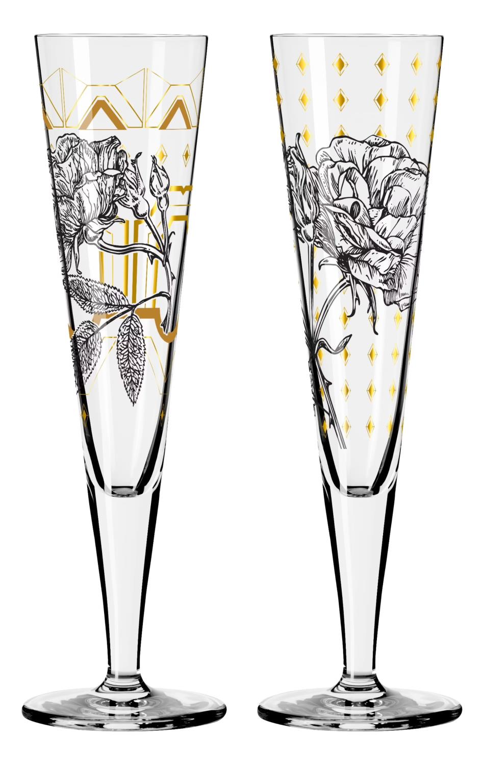 Zwei Sektgläser mit unterschiedlichen Designs: eines mit Rosen und geometrischen Mustern, das andere mit Rauten und Rosen.