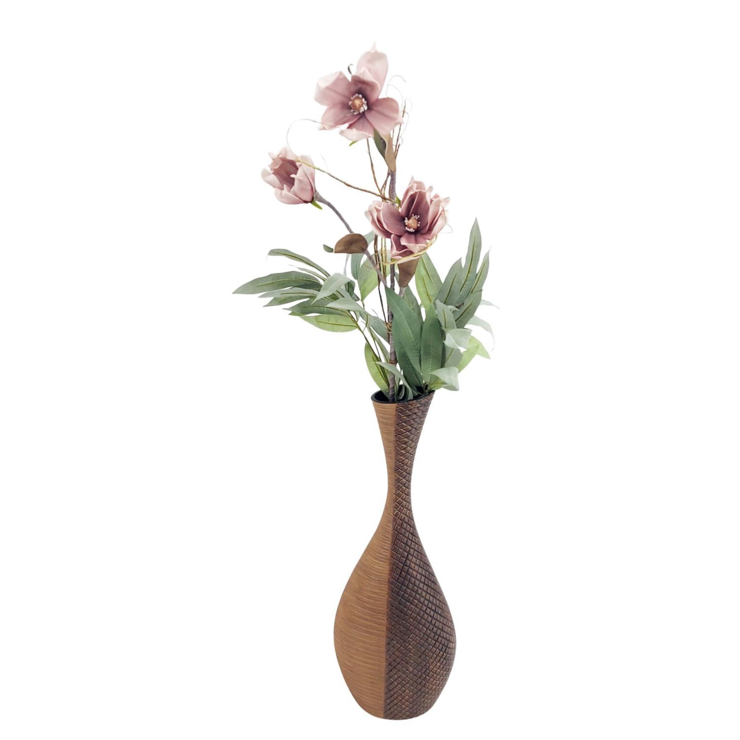 Vase mit künstlichen Blumen und grünen Blättern auf hellem Hintergrund