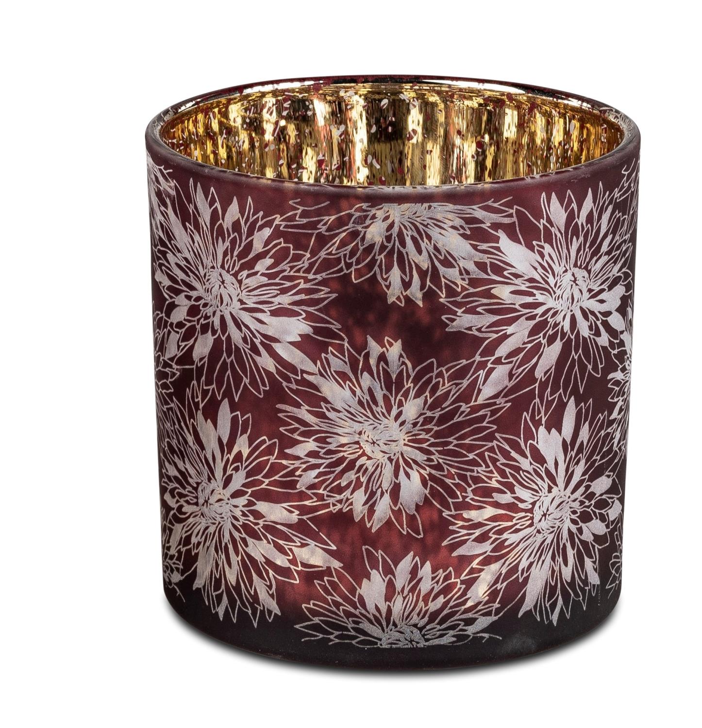 Runder Kerzenhalter mit blütenförmigem, weißem Muster auf rotem Hintergrund und goldener Innenseite.