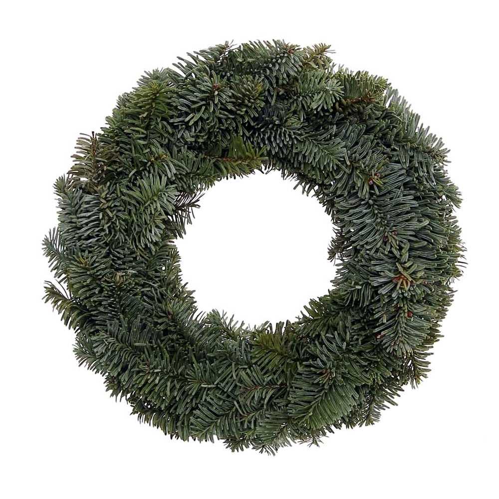 Grüner undekorierter Kranz aus Tannenzweigen mit rundem, hohlem Inneren. Die Blätter sind dicht ange