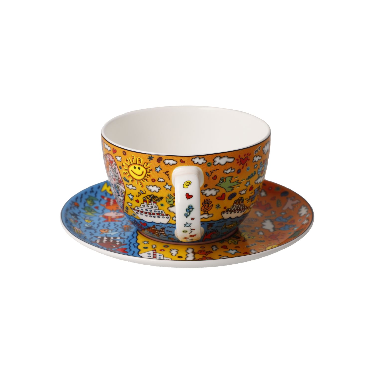 Bunte Teetasse mit Unterteller, comicartige Muster mit Sonne und Wolken