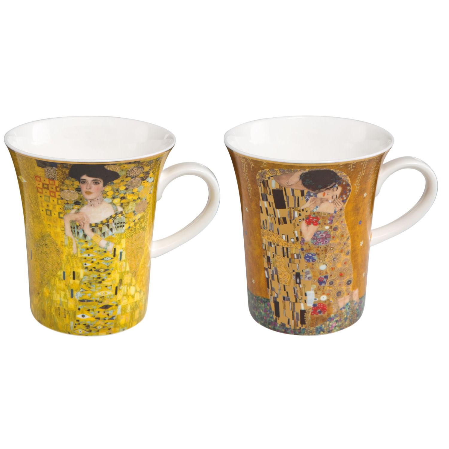 2 weiße Becher mit den Motiven Der Kuss +  Adele Bloch-Bauer von Gustav Klimt