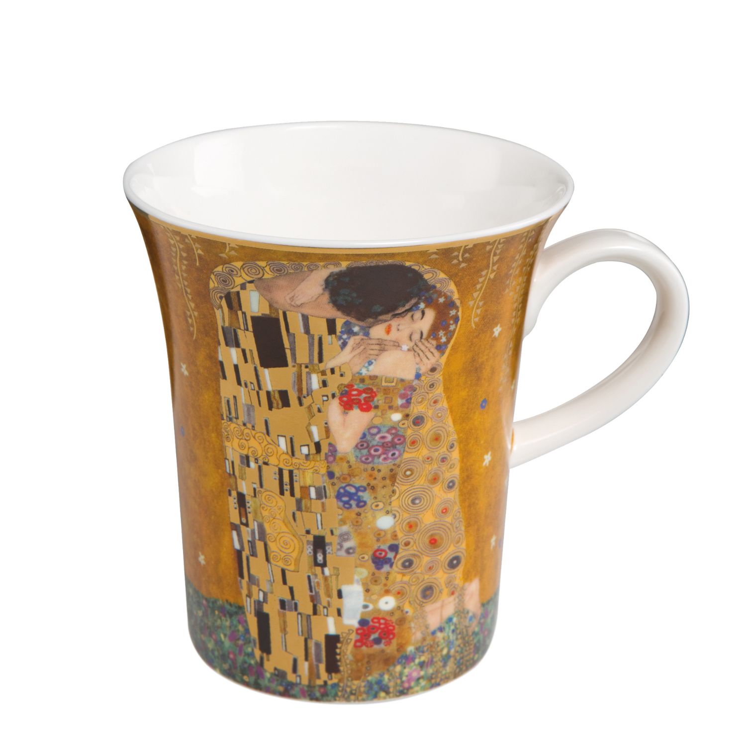 weißer Becher mit braun goldenem Jugendstil Motiv der Kuss von Gustav Klimt
