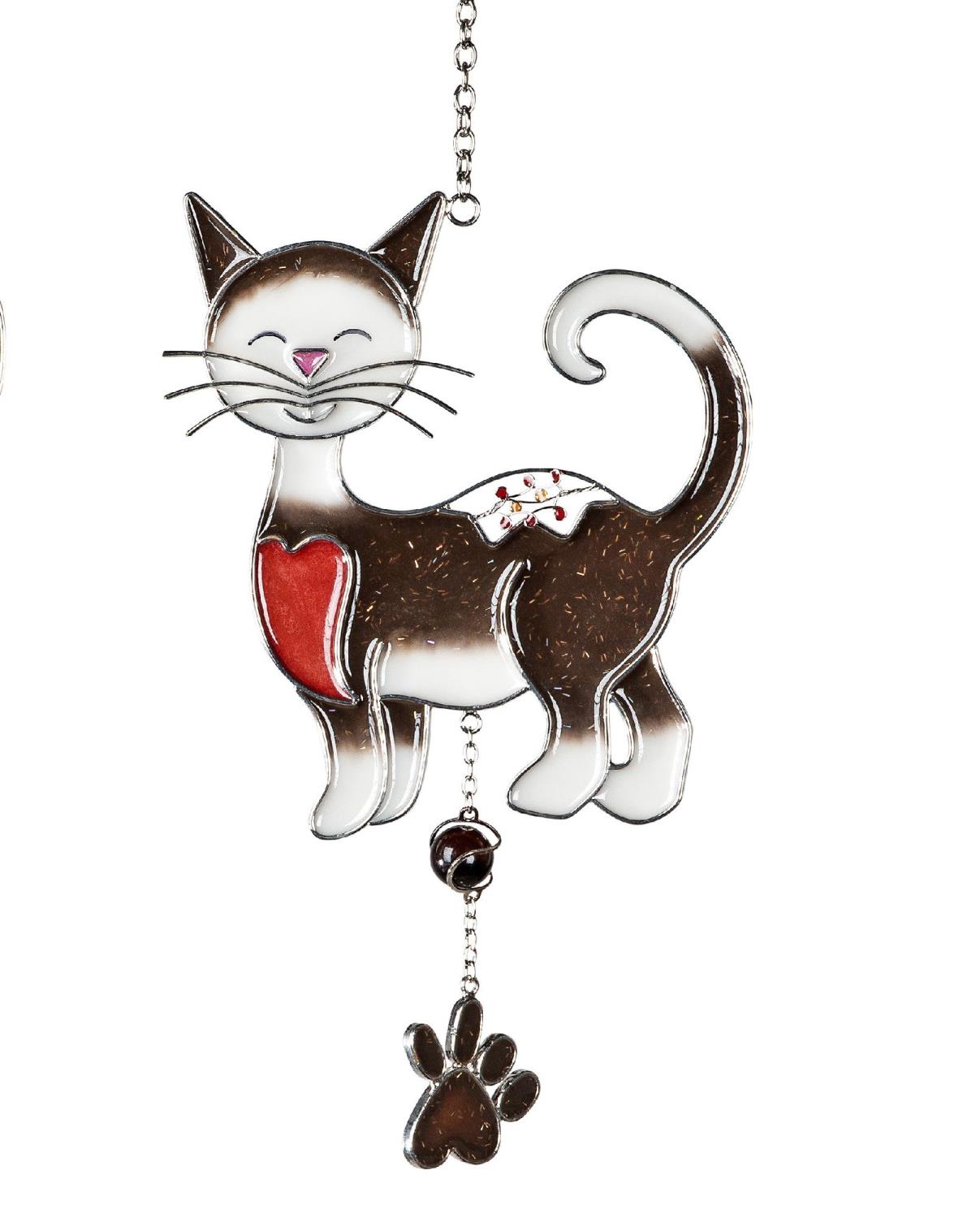 Bunte Katzenfigur aus Glas mit einem Herz auf der Brust und einer kleinen Pfote, die an einer Kette
