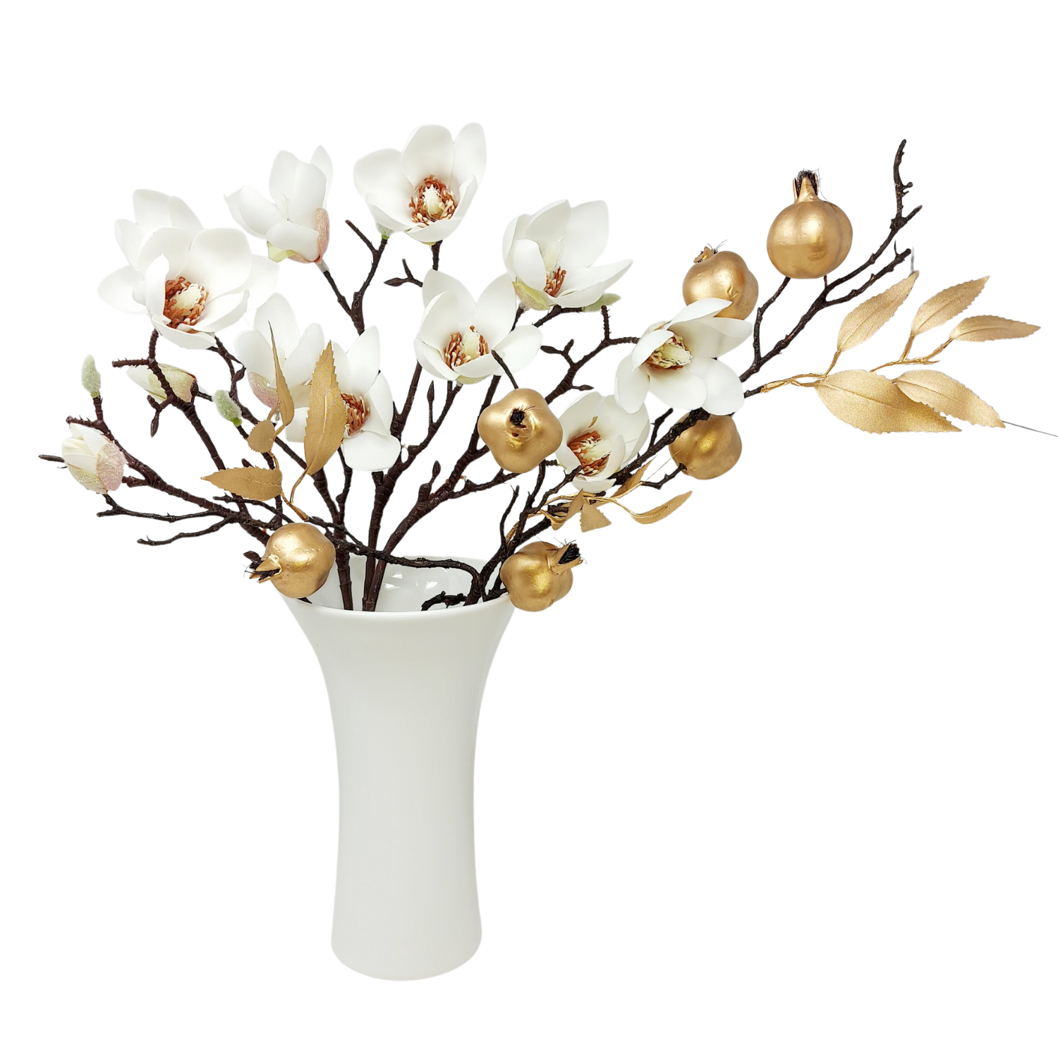 Weiße Blumenvase mit weitem Hals, konisch geformt weißen Magnolien und goldenen Zweigen