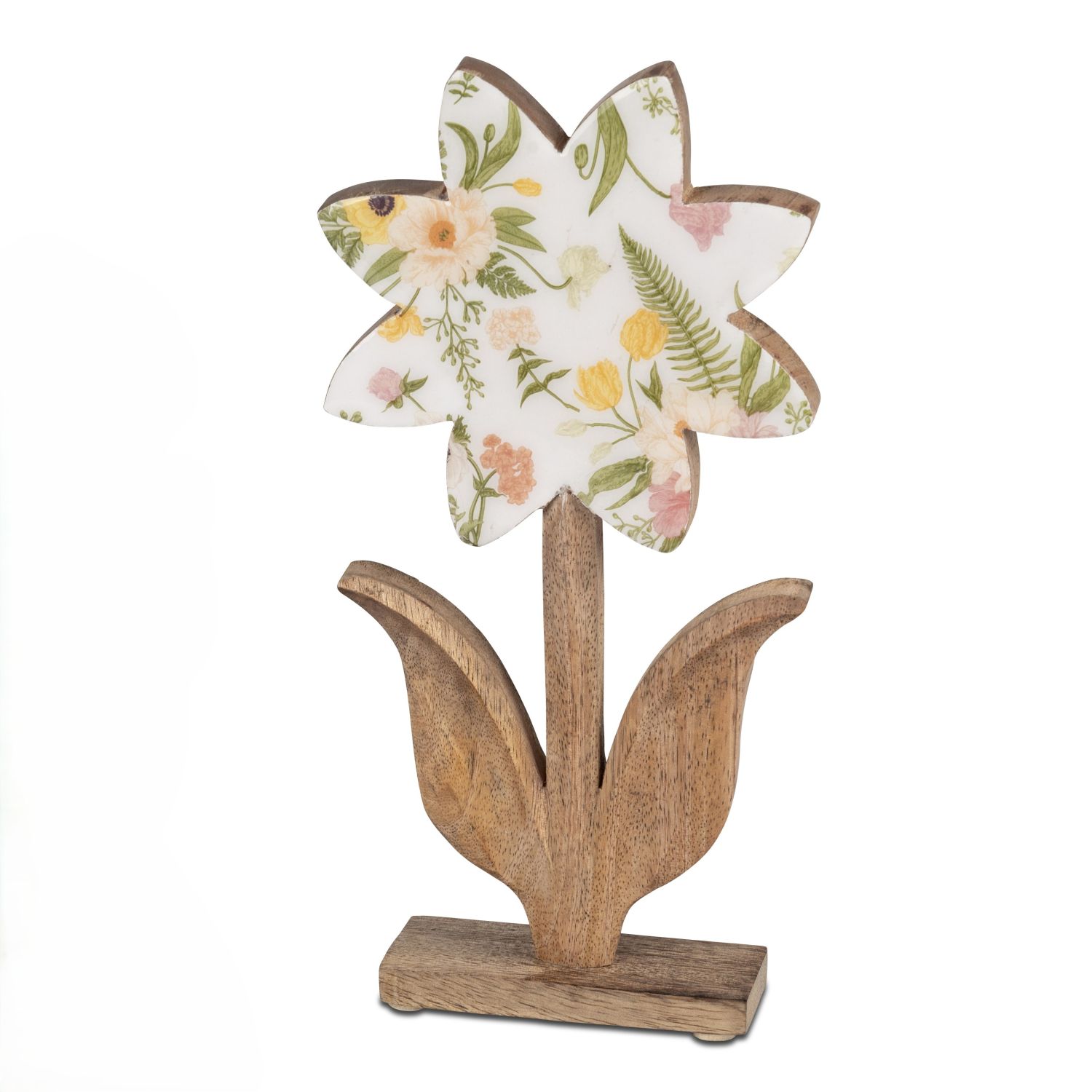 Holzblume als Dekoration, Blütenkopf mit floralem Muster, stehend auf Fuß
