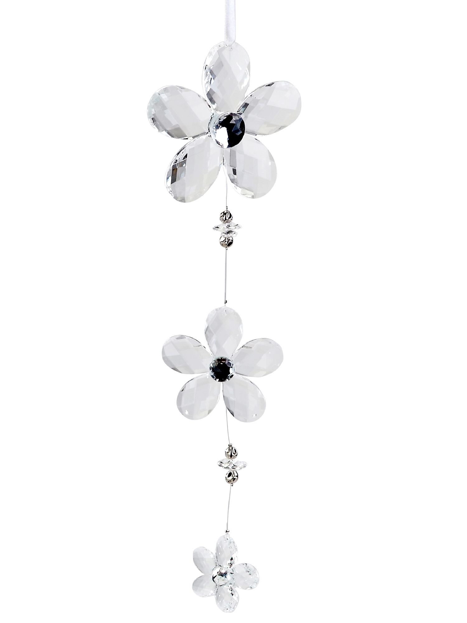 Drei transparente, blütenförmige Dekorationselemente aus Kristall, an einer Schnur aufgehängt, mit k