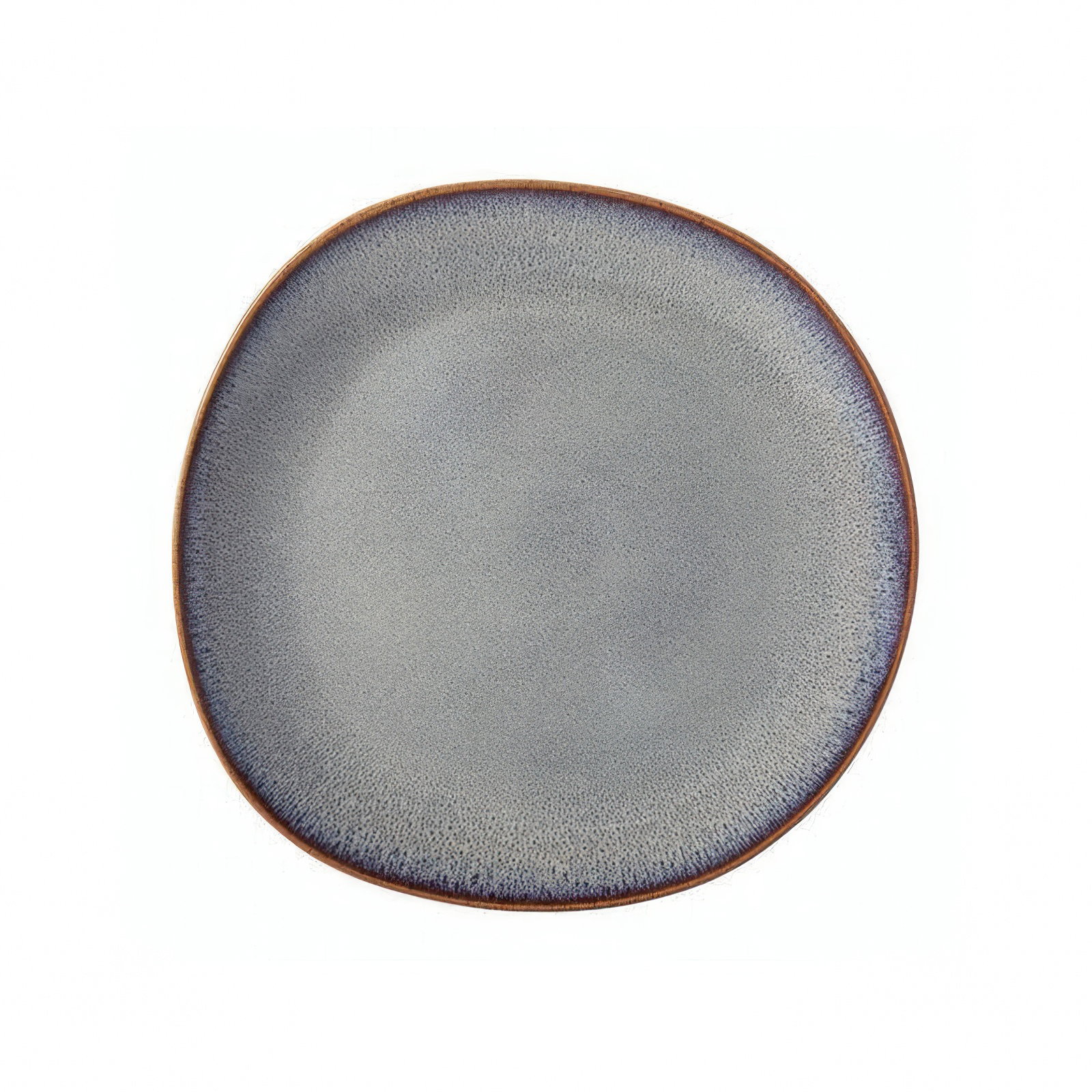 Runder, flacher Teller mit grauer Glasur und leicht unregelmäßiger Form, brauner Rand.