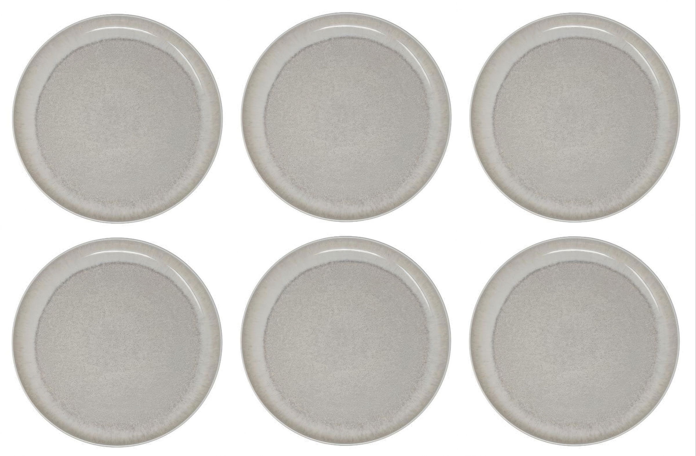 Sechs runde, graue Teller auf einem weißen Hintergrund, gleichmäßig angeordnet.