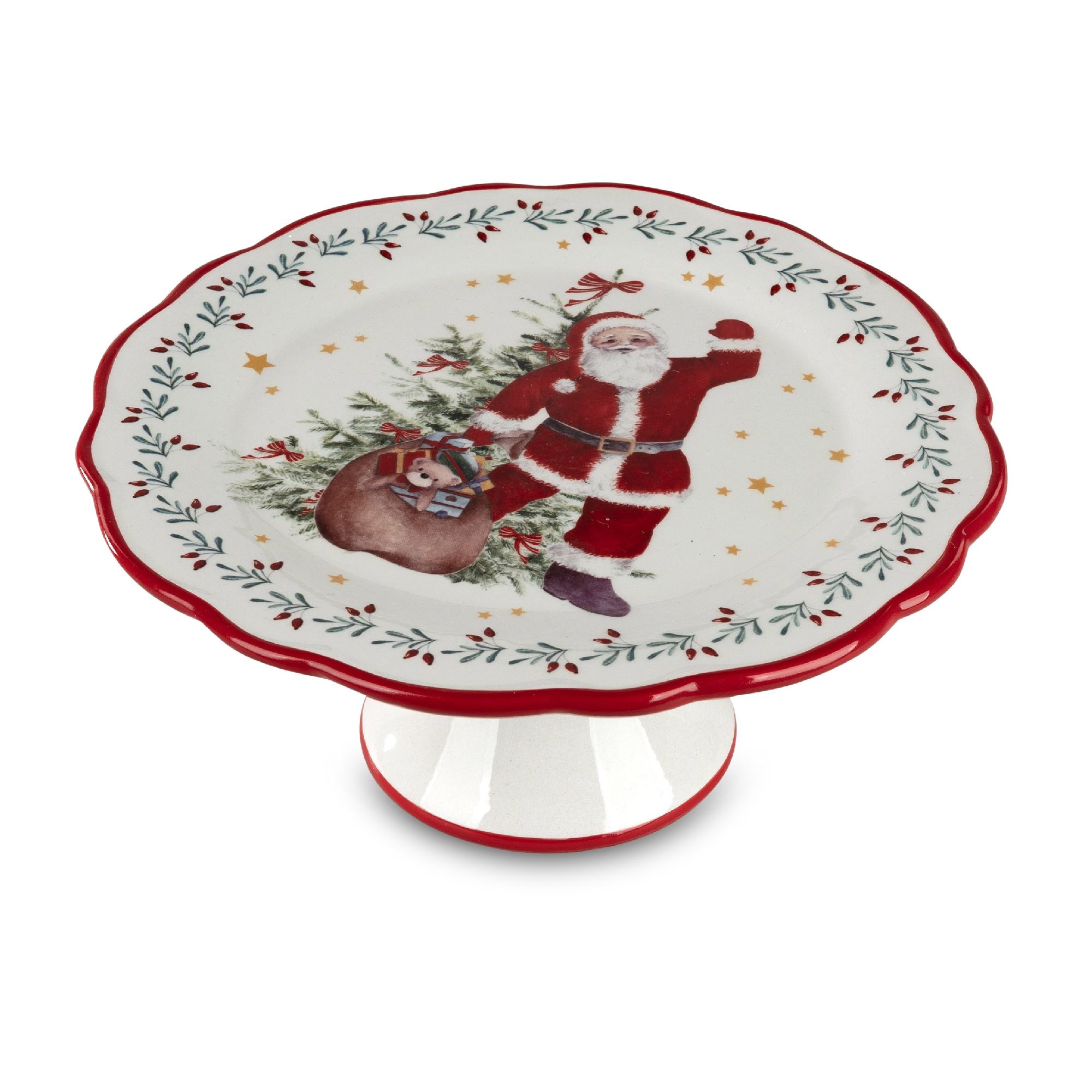 Teller auf Fuß mit weihnachtlichem Motiv: Santa Claus mit Geschenkesack, umgeben von Tannenzweigen u