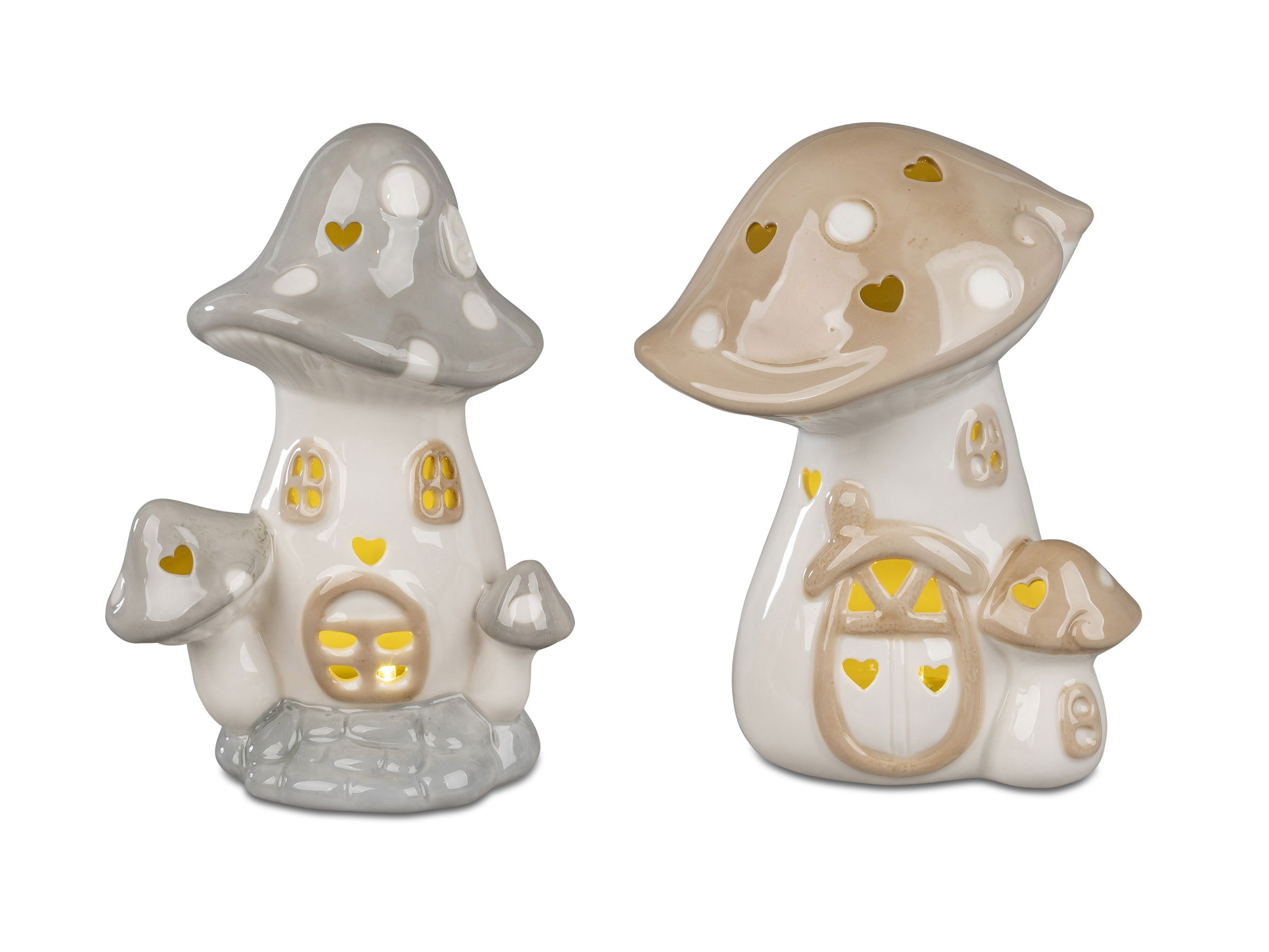 Zwei dekorative Pilzhäuser aus Keramik, eines in Grau und Weiß, das andere in Beige und Weiß, mit kleinen Fenstern und Herzen.