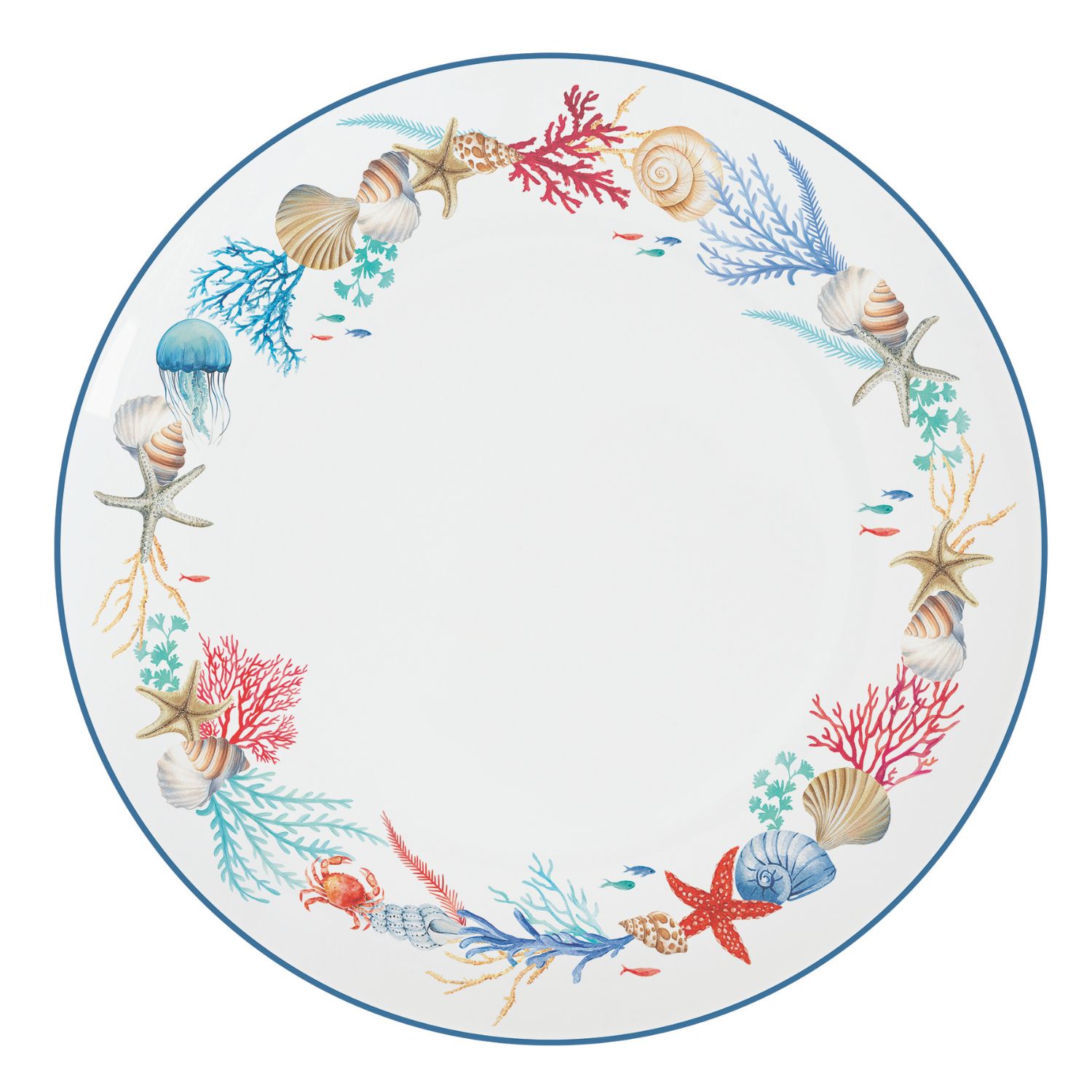 weißer Speiseteller SEA BREEZE mit Unterwassermotiven mit Korallen, Muscheln, Seesternen