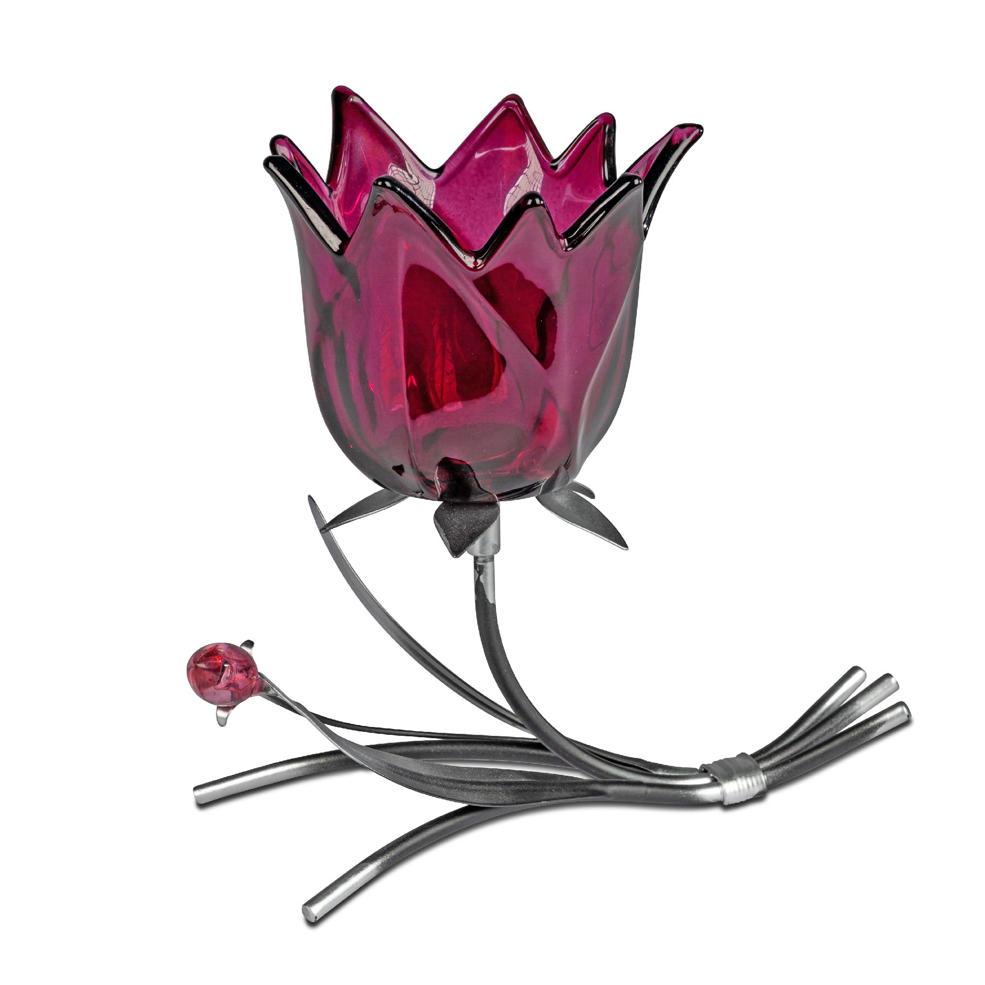 Vase in Form einer Blüte aus rotem Glas, auf einem metallenen Ständer mit Blättern und einer kleinen