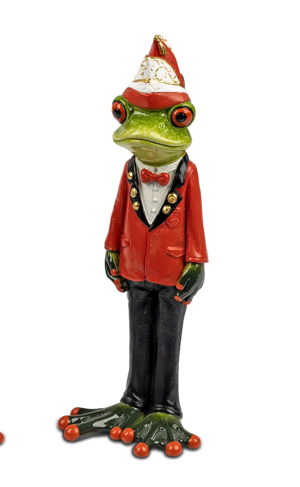 Ein Frosch in einem roten Anzug mit schwarzer Fliege und einem weißen Hut steht aufrecht. Die Füße sind grün mit roten Punkten.