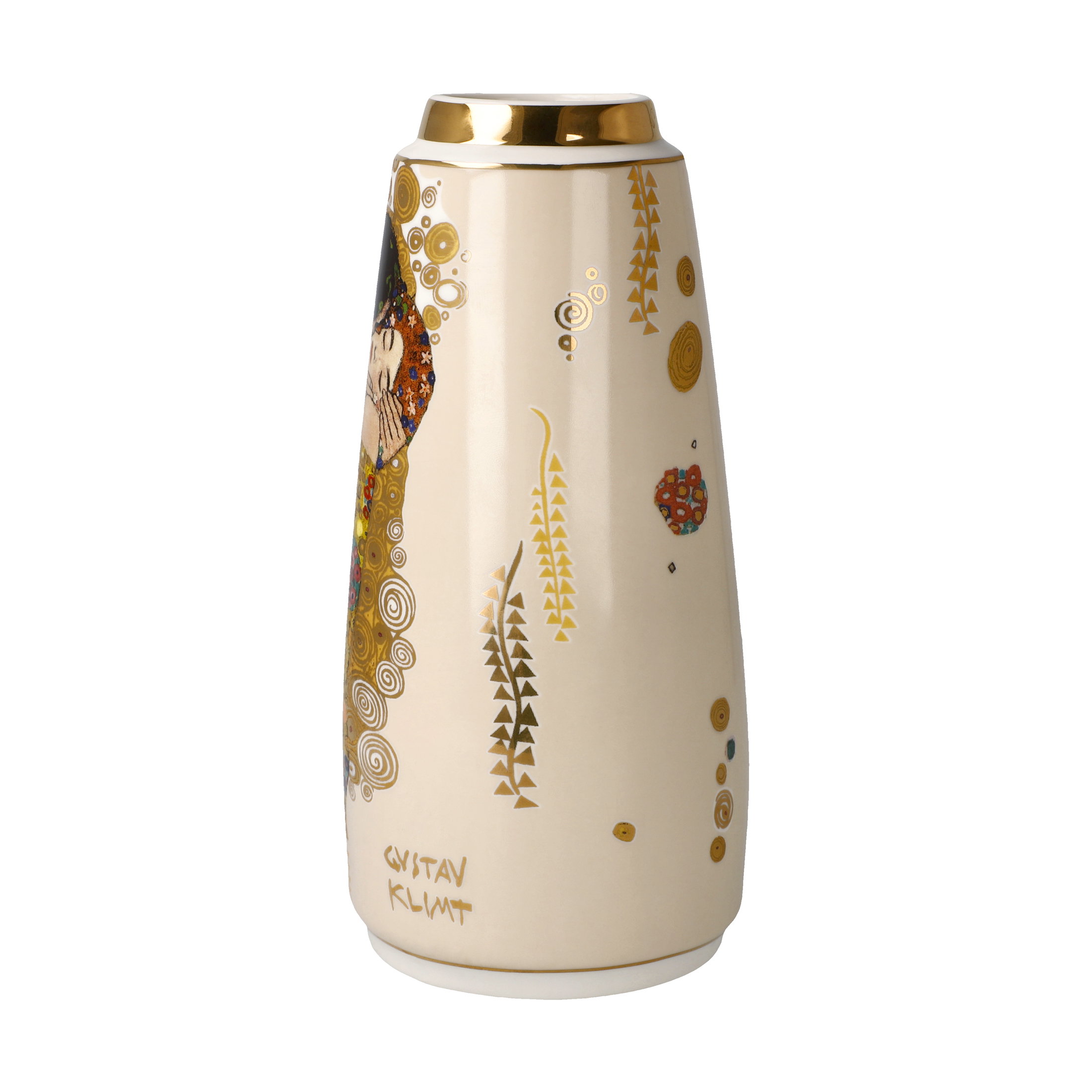 Vase in konischer Form mit goldenen und bunten Verzierungen, darunter spiralförmige Muster und Pflanzenmotive.
