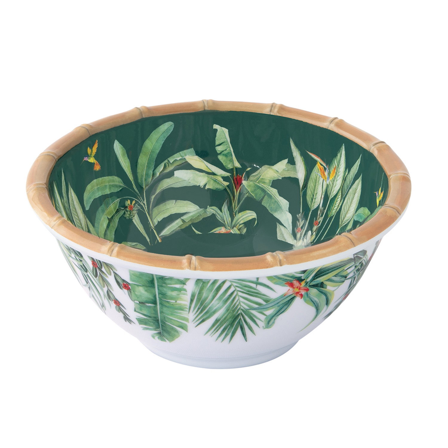 Schüssel mit grünem Innenraum und bunten Pflanzenmotiven, umrandet von einem Bambusdesign.