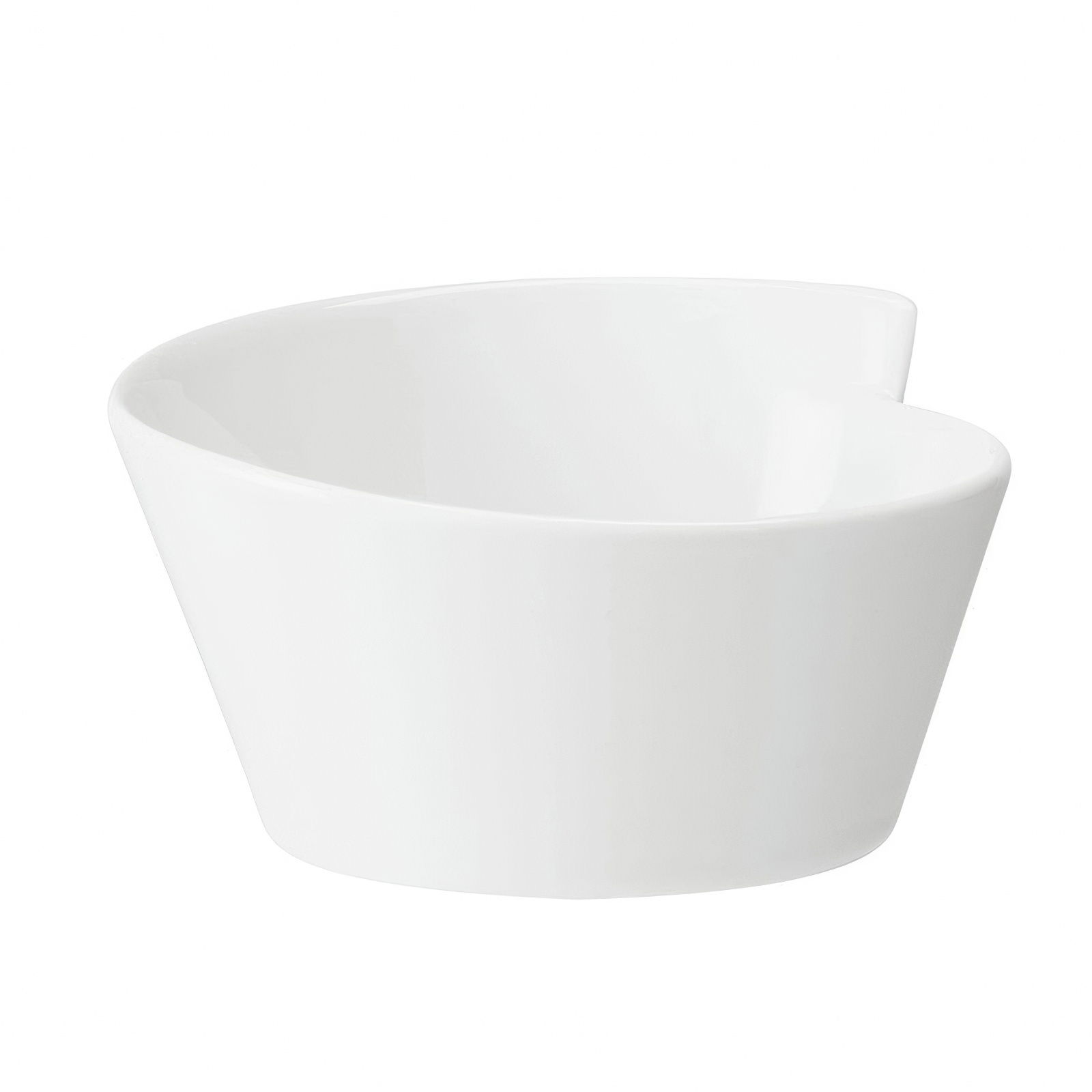 Weiße, schalenförmige Schüssel mit asymmetrischem Rand und glatter Oberfläche.