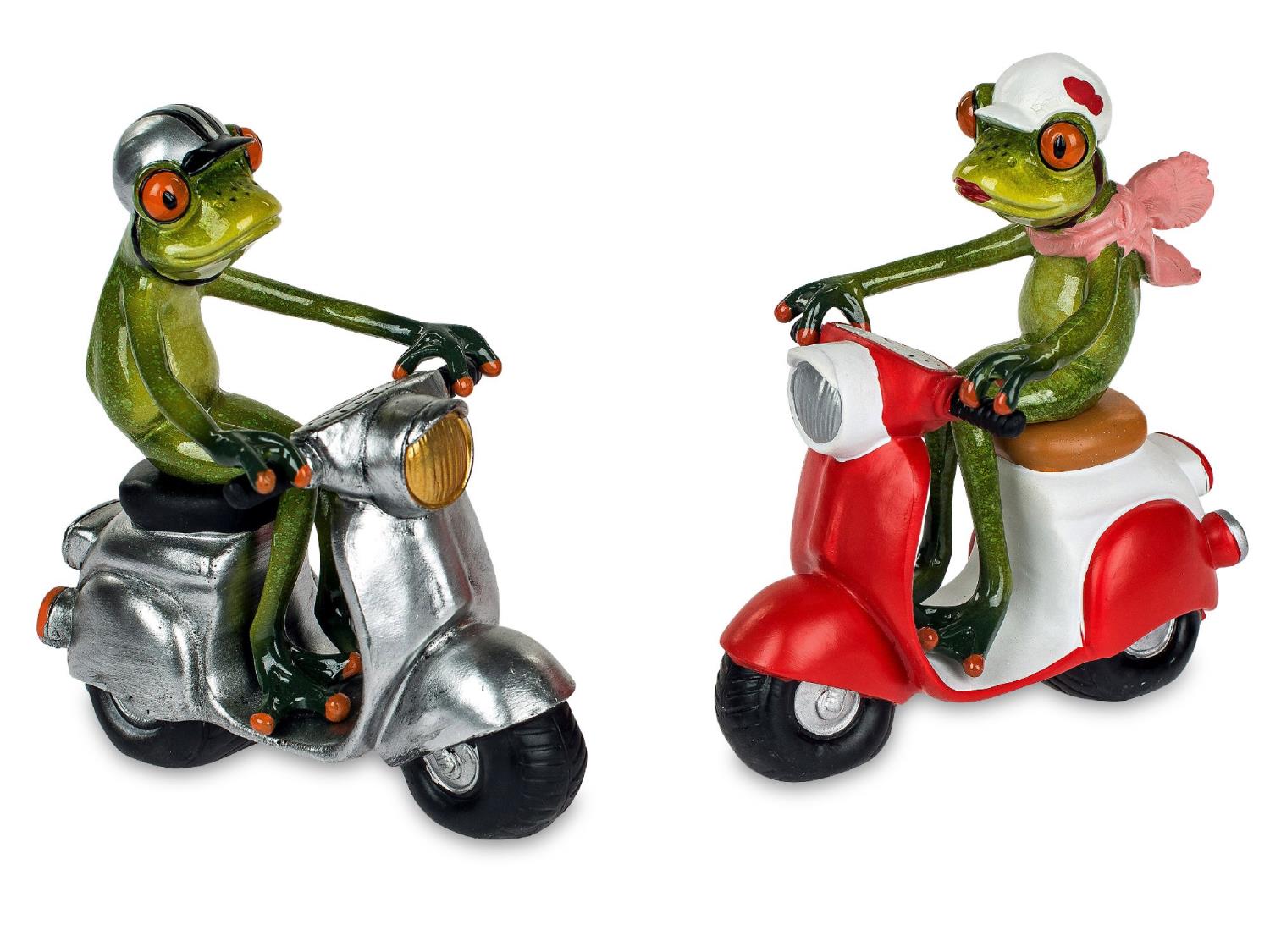 Zwei Froschfiguren auf Rollern, eine silberne und eine rote, beide mit Helm und Accessoires.
