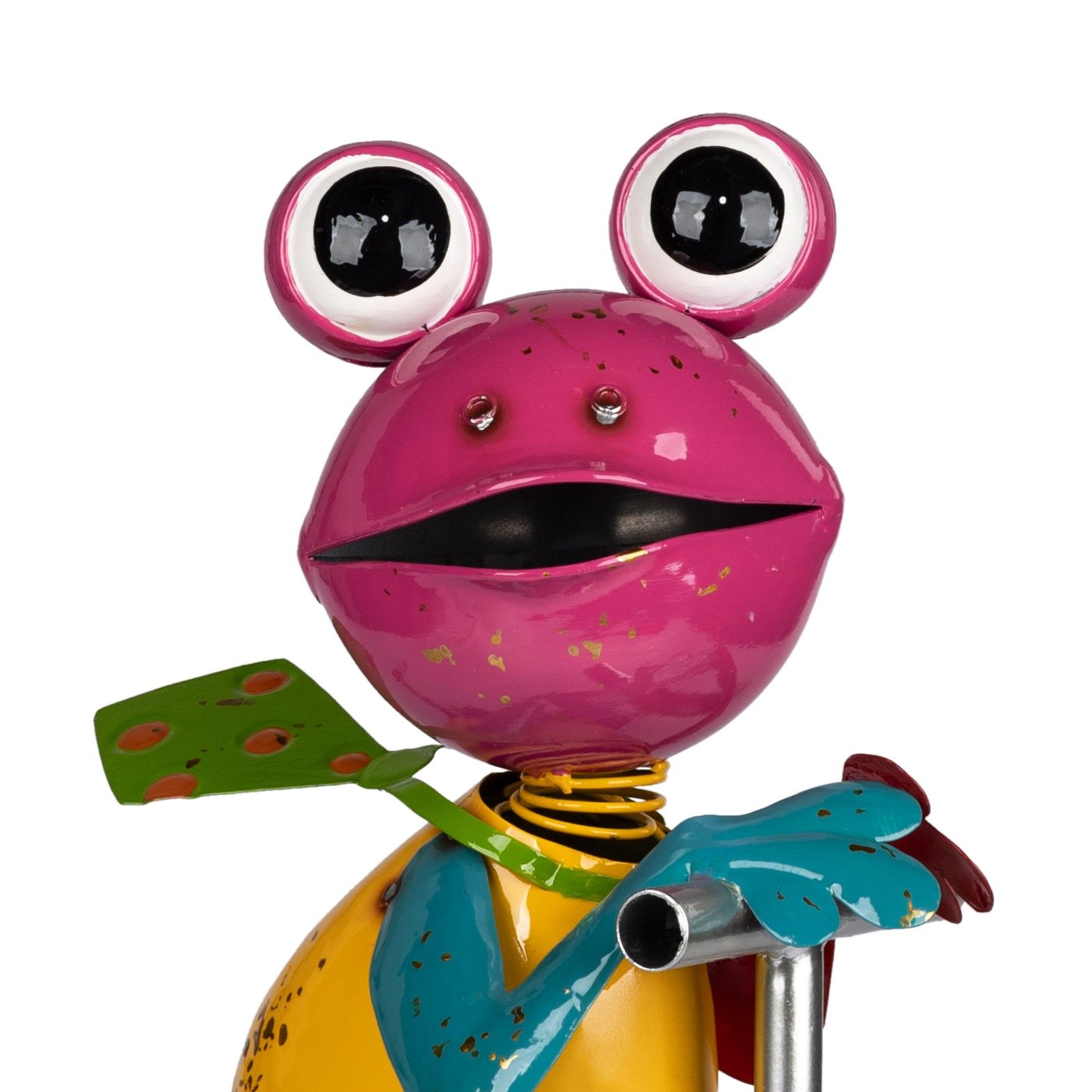 Bunte Skulptur eines Frosches mit großen Augen, einem breiten Mund und einem bunten Körper, der aus