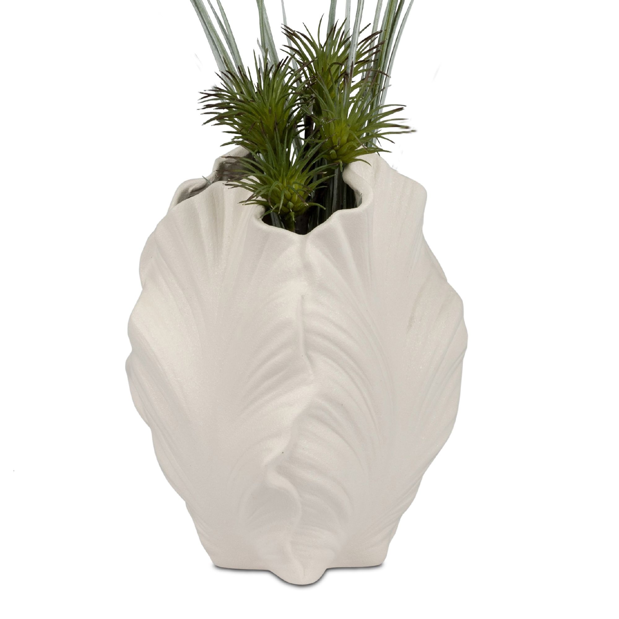 Weißer Blumentopf in Blattform mit grünen Pflanzen. Der Topf hat eine strukturierte Oberfläche und eine geschwungene Form.