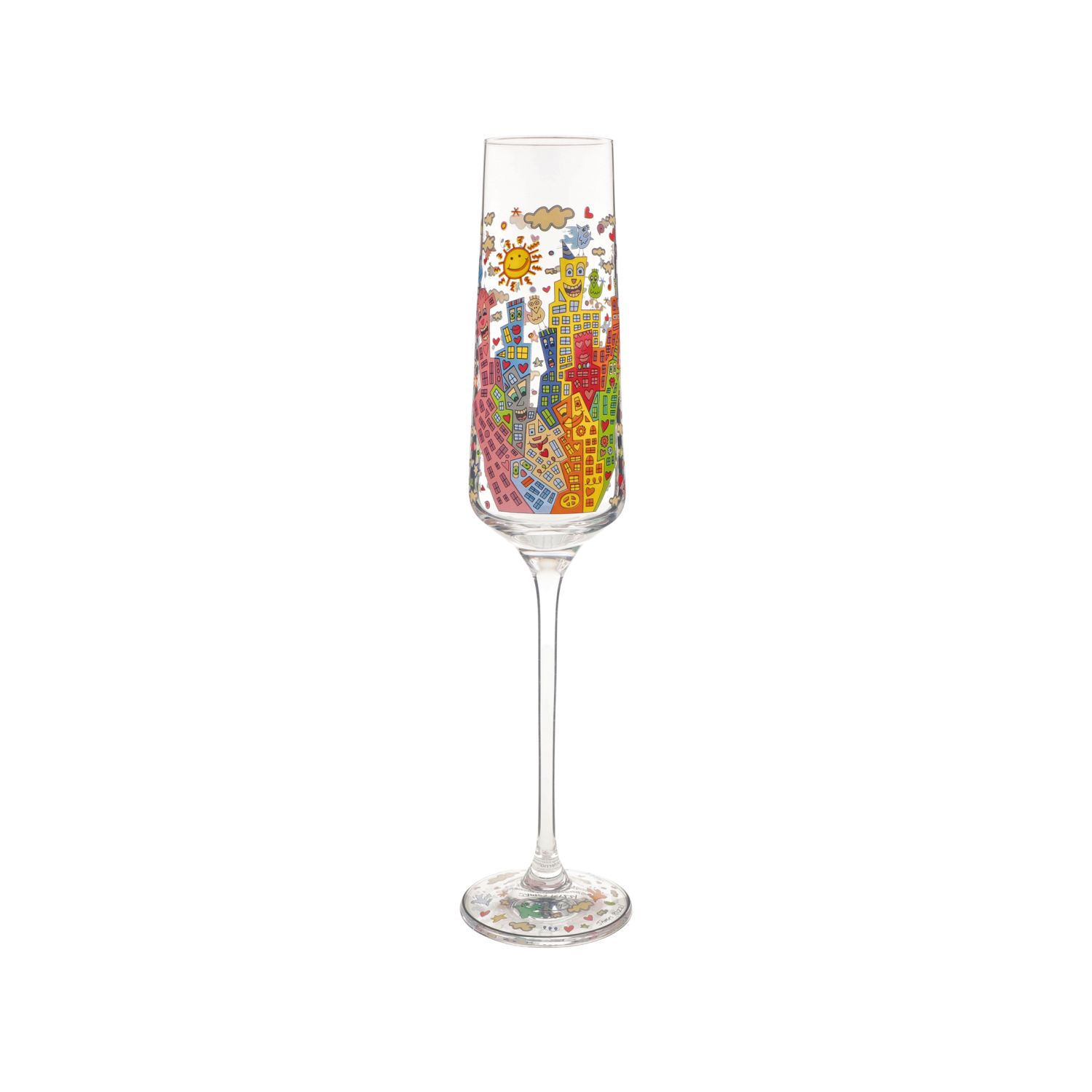 Schlankes Sektglas mit bunter Stadt- und Himmelsillustration auf Kelch und Fuß