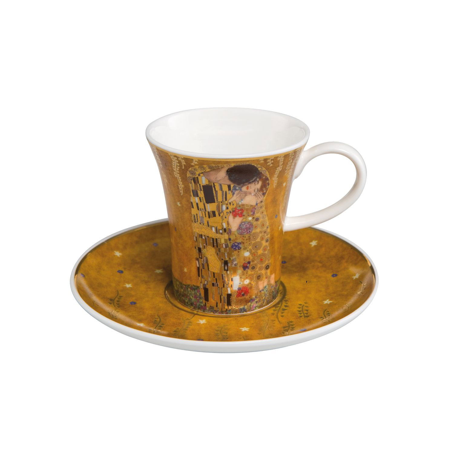 Porzellantasse mit Untertasse, goldfarbenes Muster, Kussmotiv auf weißem Hintergrund