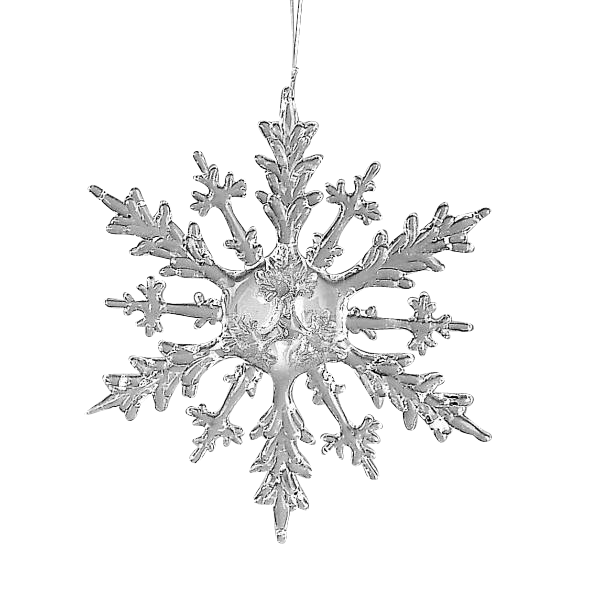 Durchsichtiger Schneeflockenanhänger mit filigranen, verzweigten Formen, an einem dünnen Faden hänge