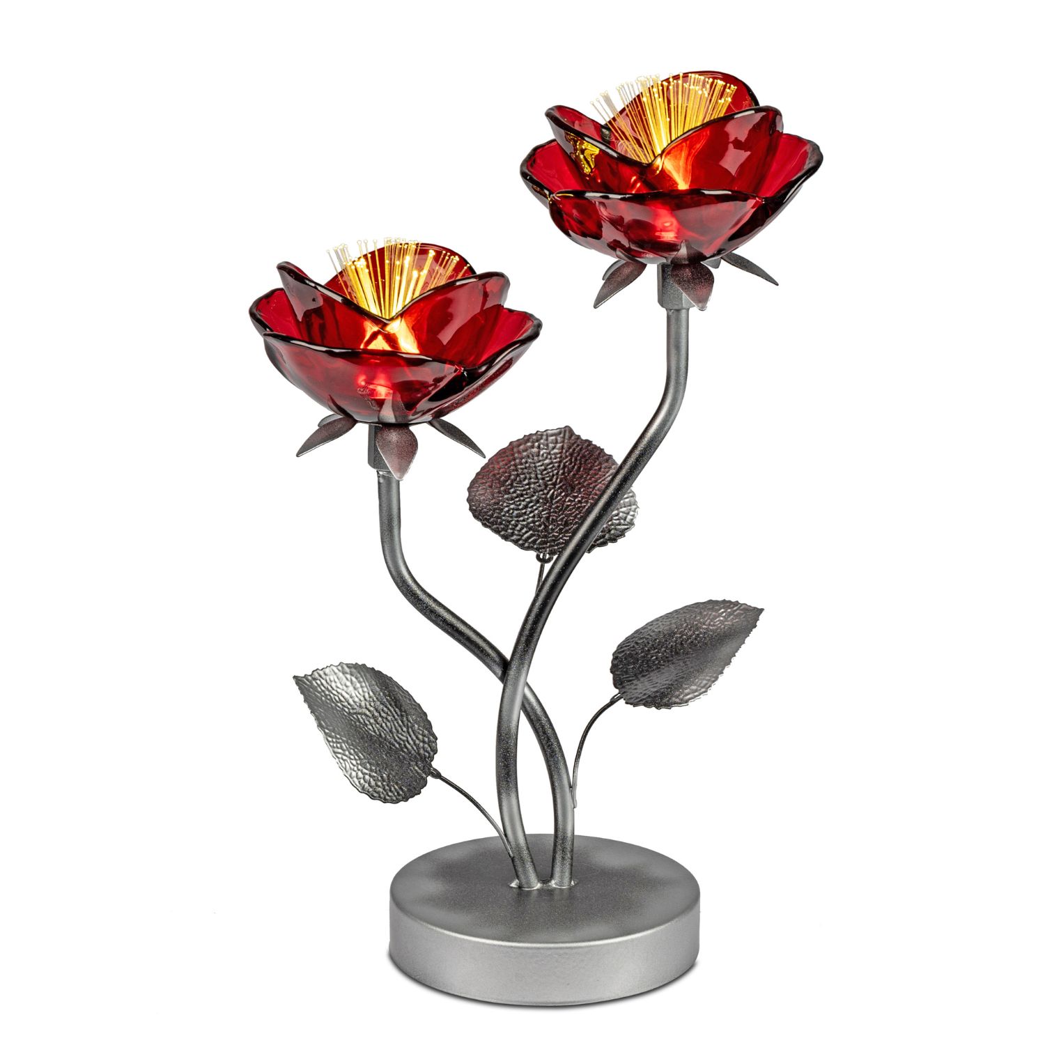 Tischlampe mit zwei roten Glasblüten auf silbernen Stielen und strukturierten Blättern