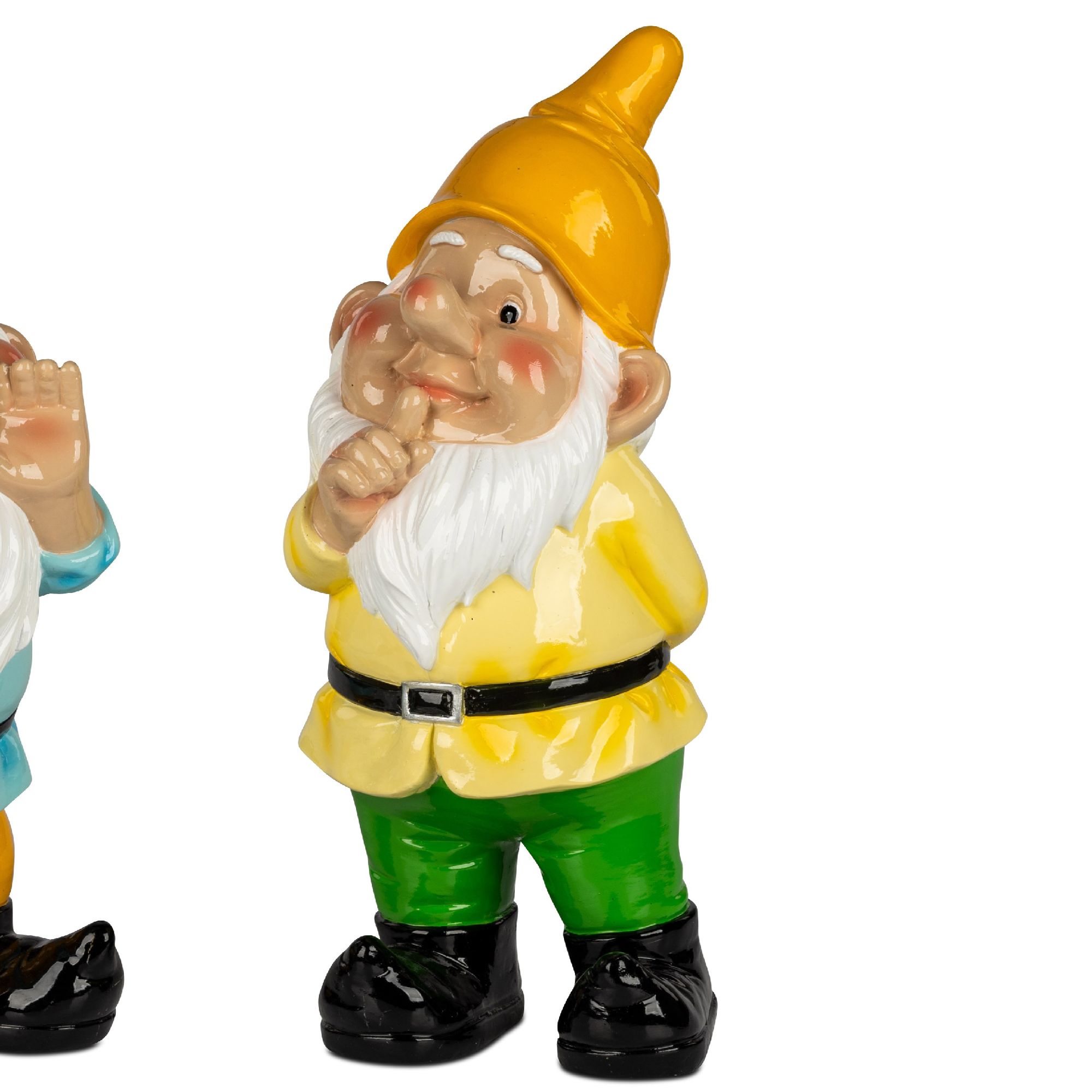 Zwei bunte Gartenzwerge stehen nebeneinander. Der linke trägt ein blaues Hemd, der rechte ein gelbes Hemd und eine grüne Hose.