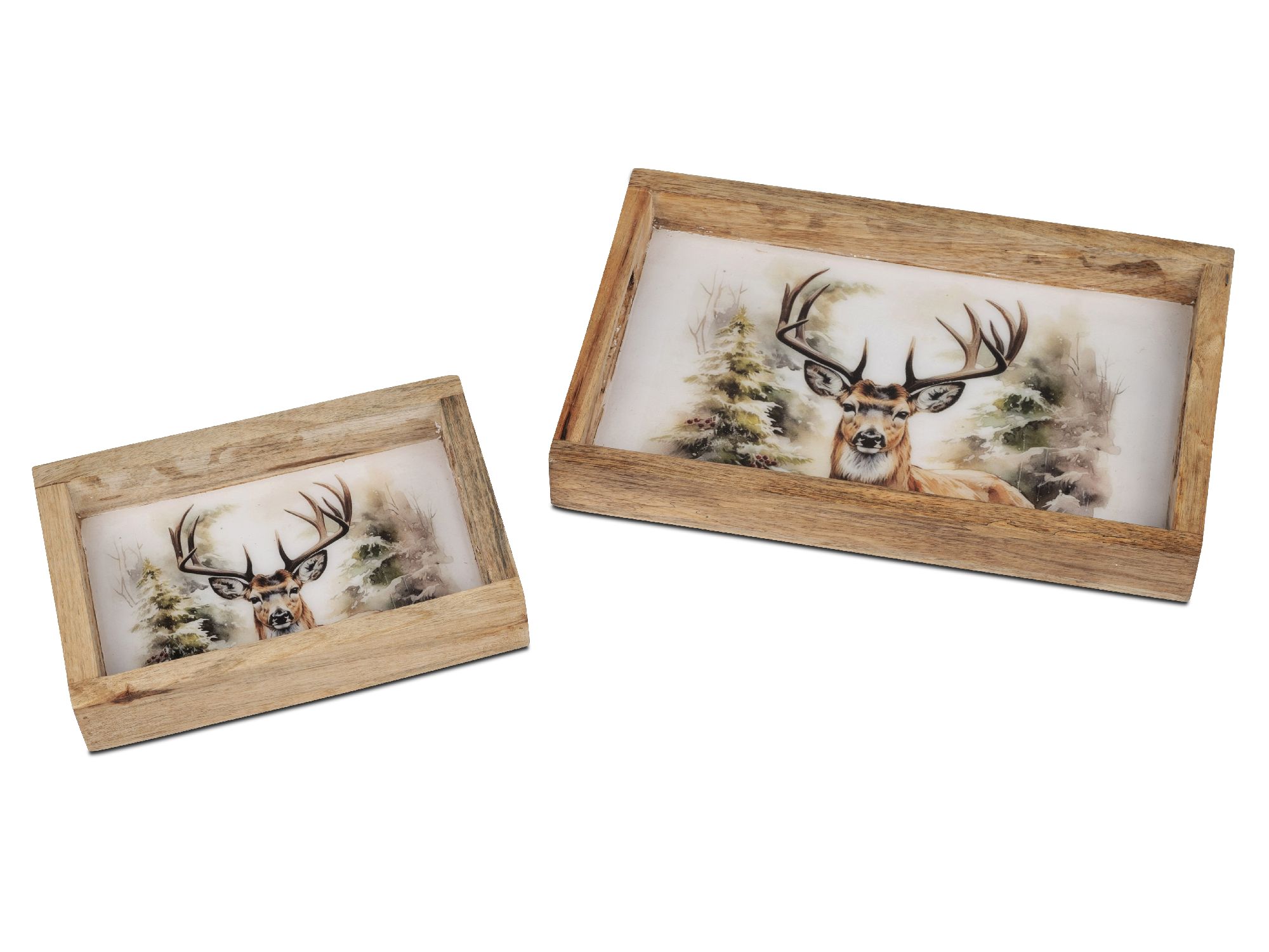 Zwei rechteckige Tabletts aus Holz mit einem Bild eines Rehs und Bäumen im Hintergrund. Eines ist kl