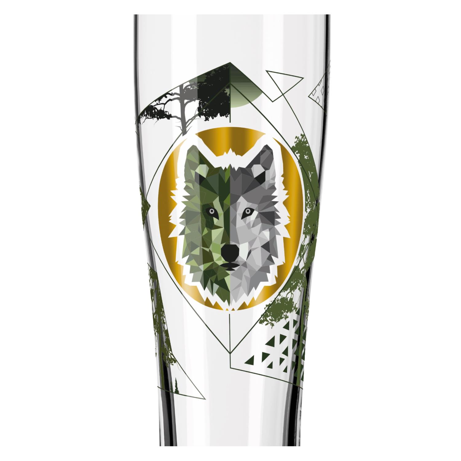 Ein Glas mit geometrischem Wolfsmotiv in Grüntönen und goldener Umrandung, umgeben von abstrakten Formen und Baumgrafiken.