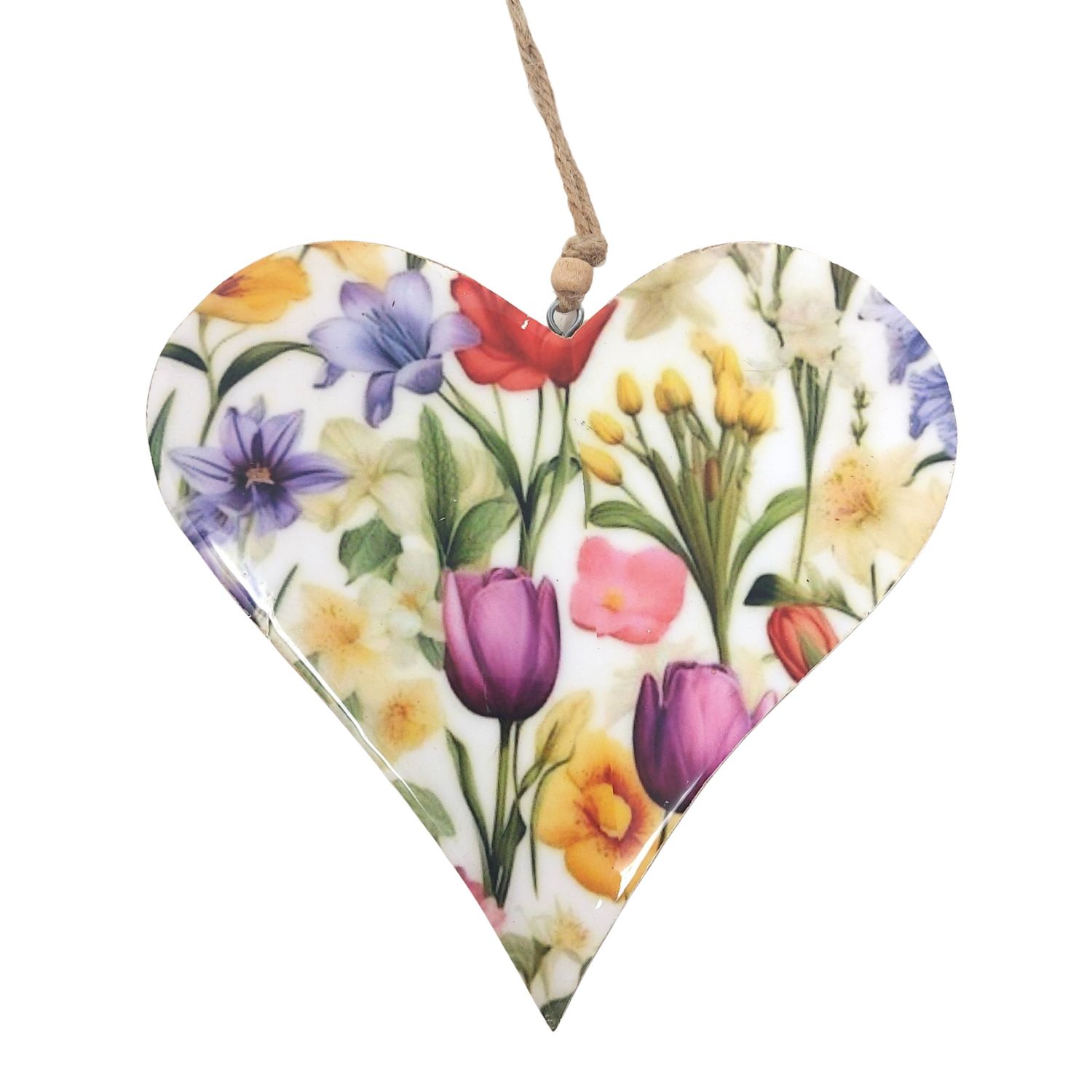 Herzanhänger mit buntem Blumenmuster und Kordel zum Aufhängen