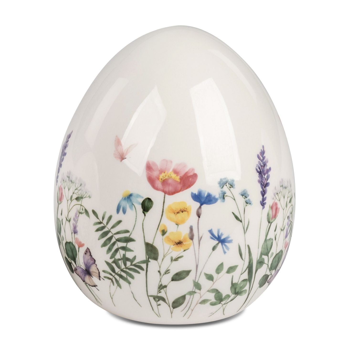 Ein dekoratives Ei mit bunten Blumenmotiven auf weißem Hintergrund