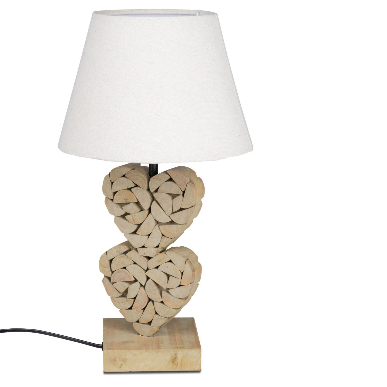 Tischlampe mit einem Fuß aus Holz in Herzform und einem weißen Lampenschirm