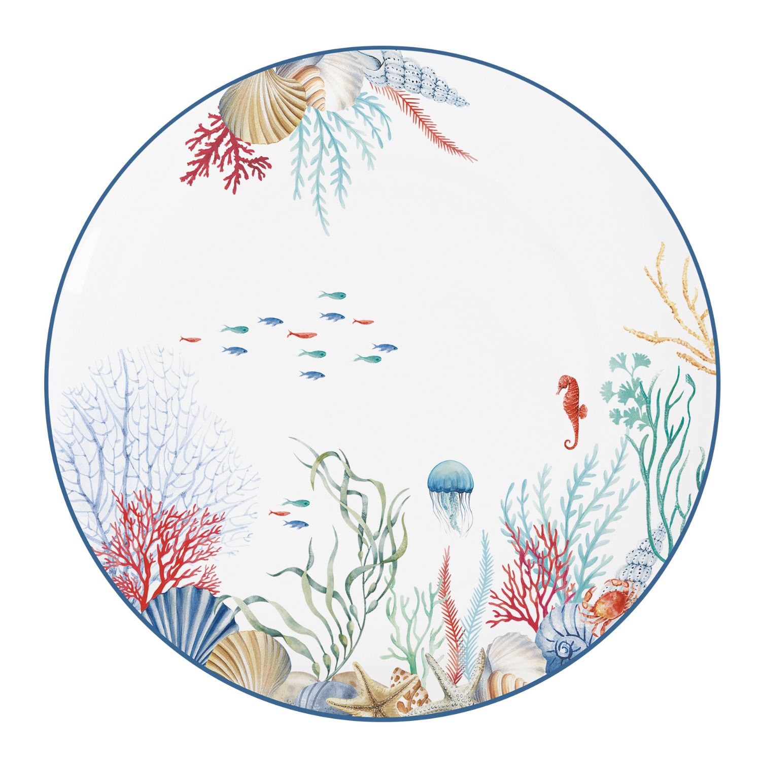 weißer Kuchenteller SEA BREEZE mit Unterwassermotiven mit Korallen, Muscheln, Seesternen